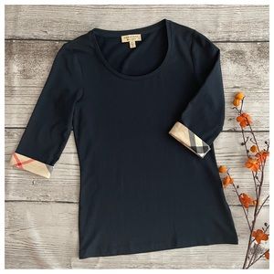 Burberry 3/4 Length Check Cuff Stretch-Cotton Top